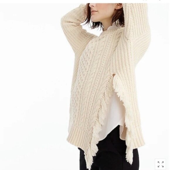 J.CREW SWEATER FISHERMEN CABLE KNIT FRINGE CHUNKY TAN SZ XS OVERSIZED AESTHETIC - Picture 2 of 14